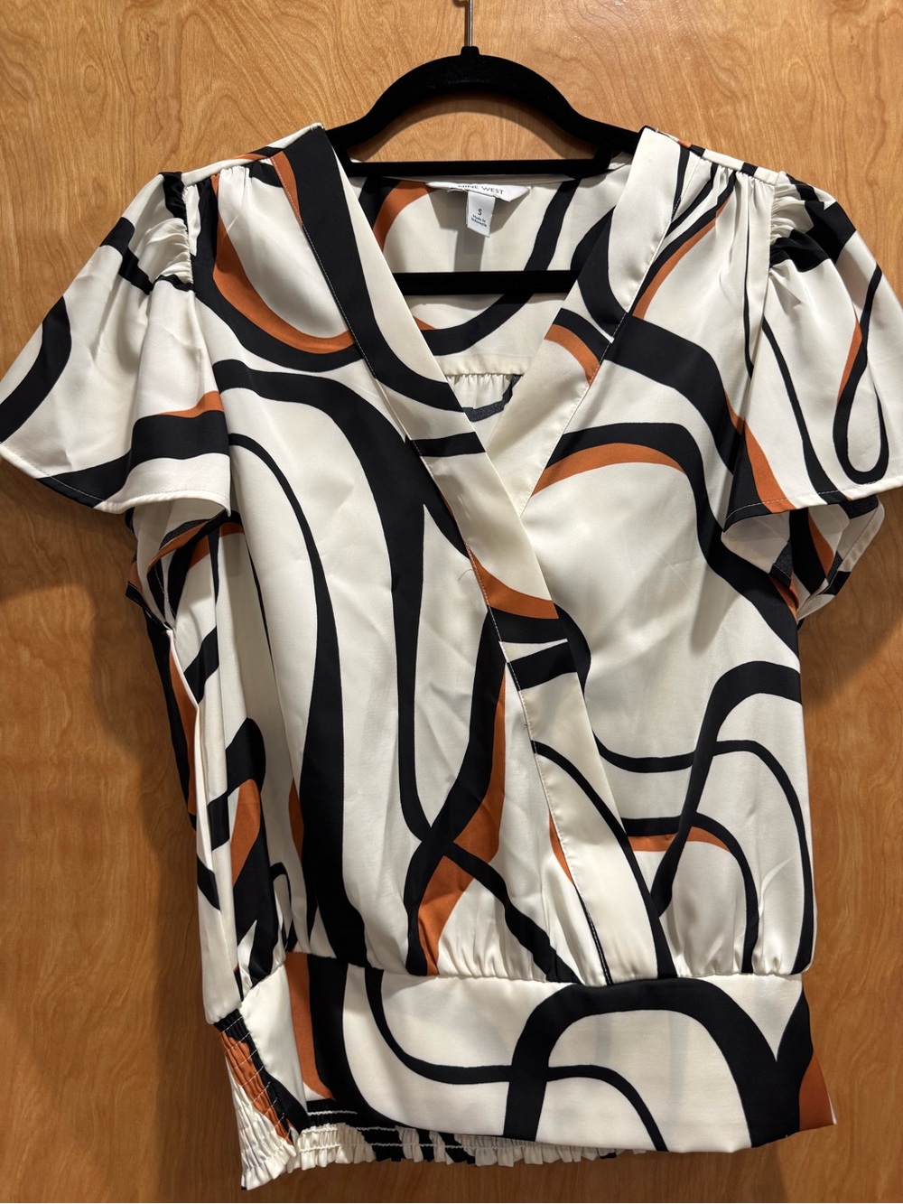 Nine West Cream Black and Rust Abstract Wrap-Style Blouse